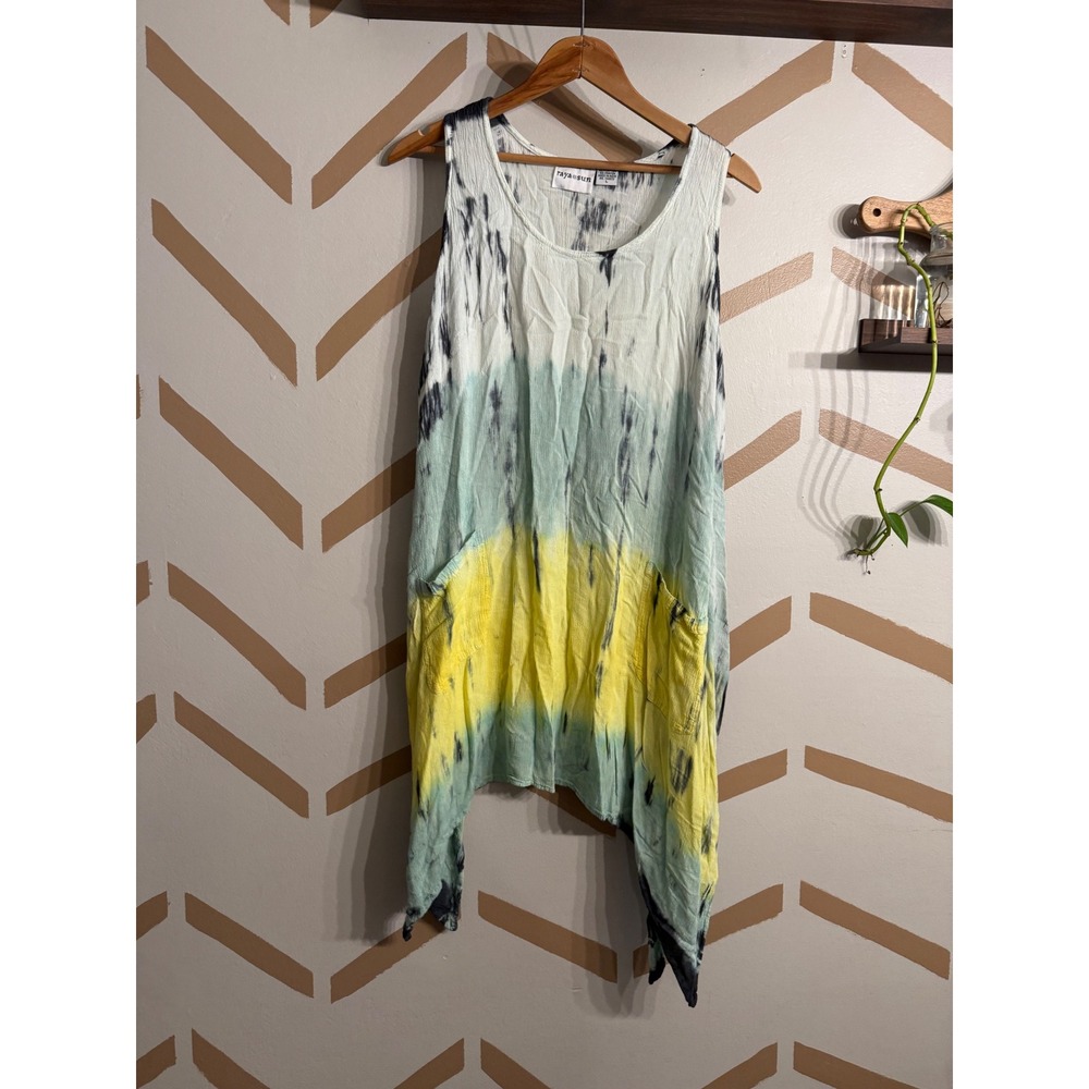 Raya Sun Tunic Mini Dress Womens Large Multi Color Tie Dye Handkerchief Hem